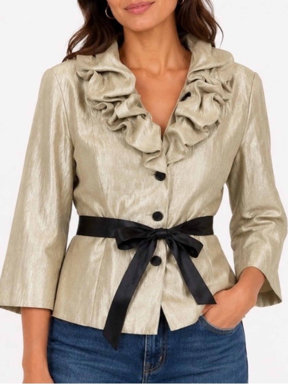 Adrianna Papell Victorian Ruffle Gold Metallic Evening Jacket Size 8 Formal Glam
